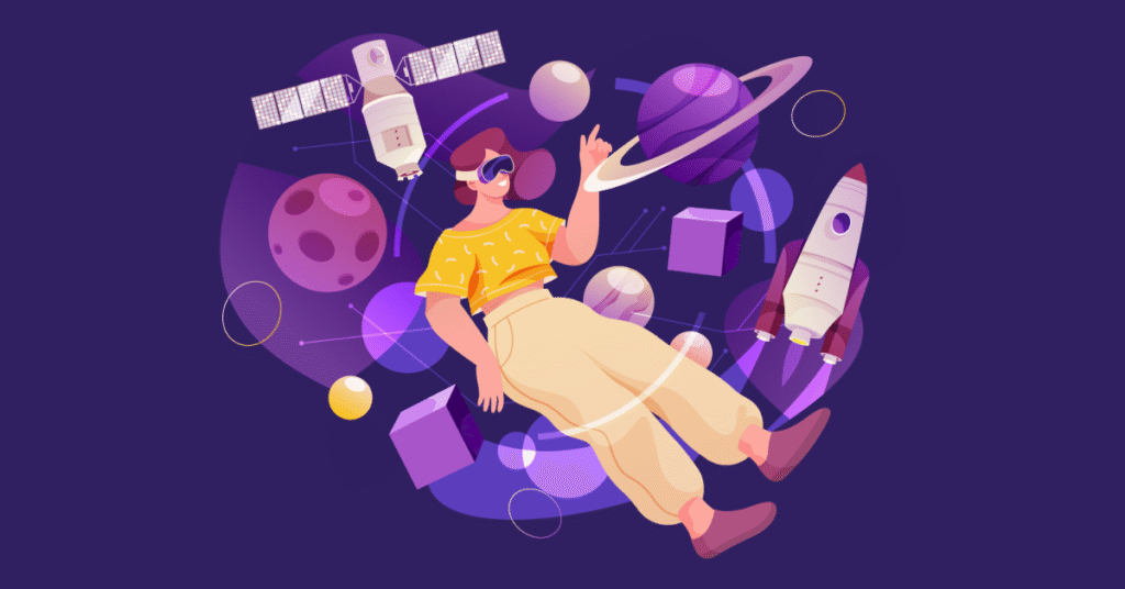 illustration of a woman using extended reality surrounded by shapes, planets, a rocket and a satalite